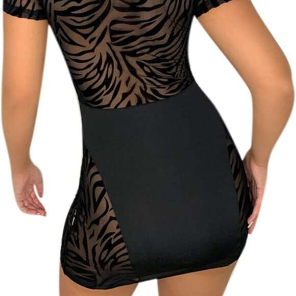 YG Collection Black Cut Out Mesh Zebra Print Mini Dress L - Picture 3 of 16